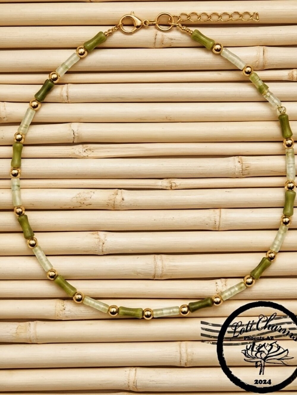 Dainty Green Jade In Bamboo Necklace Choker Gold Plated